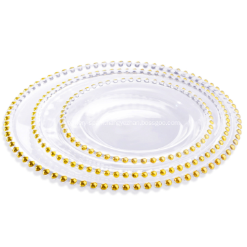 Clear Beaded Glass Charger Plate With Gold Rim